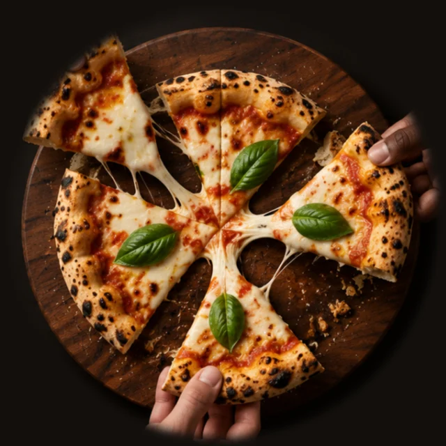 Hands pulling slices with stretchy mozzarella